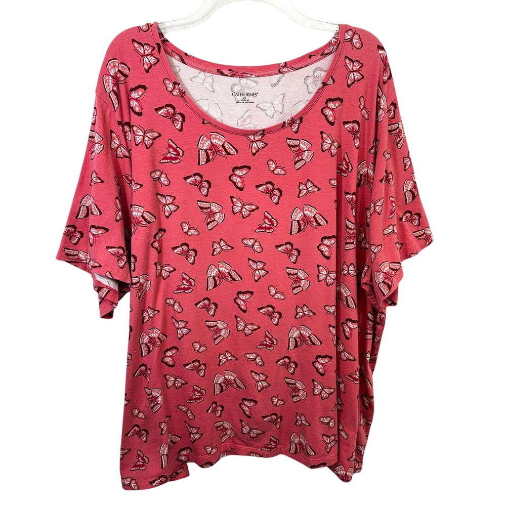 Catherines Plus Size 4X Top 30/32W Pink Butterfly Short Sleeve Scoop Summer‎ 270